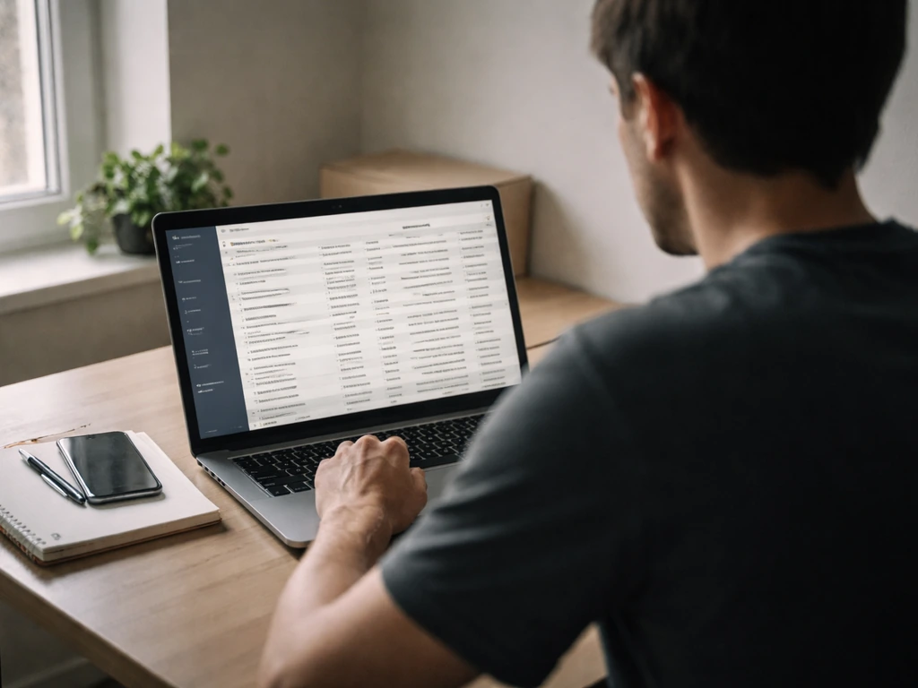 Researcher at a laptop using an offshore leaks database-style search to verify records.