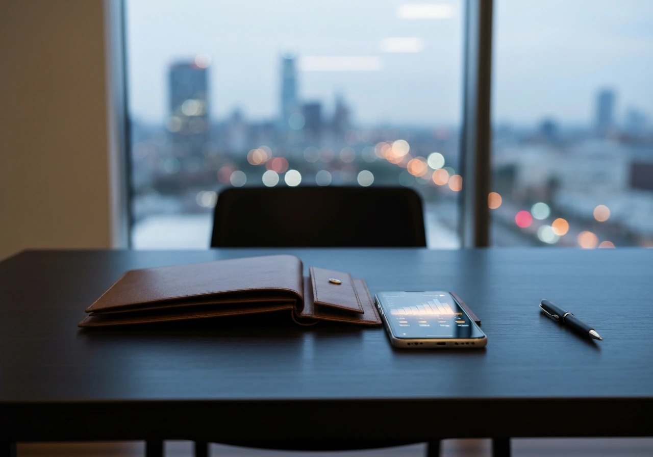 Minimal modern office desk with phone glow and open portfolio, suggesting real-time billionaire net-worth tracking.