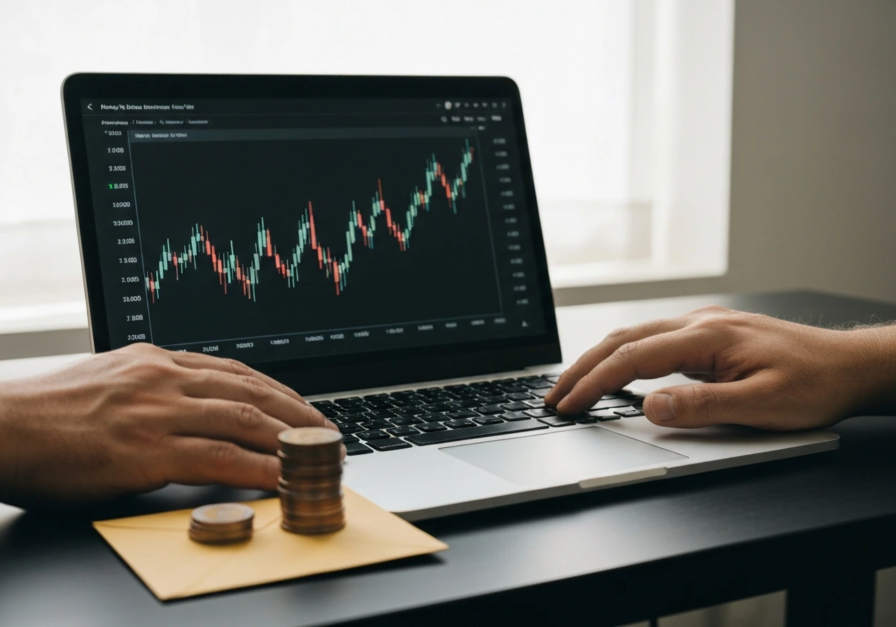 Hands in a home office beside a laptop showing a generic stock chart and a coin stack symbolizing public equity valuatio