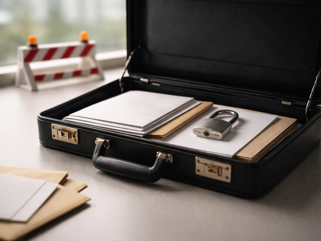 Close-up of a briefcase on a desk with a blurred roadblock barrier symbolizing sanctions restricting access