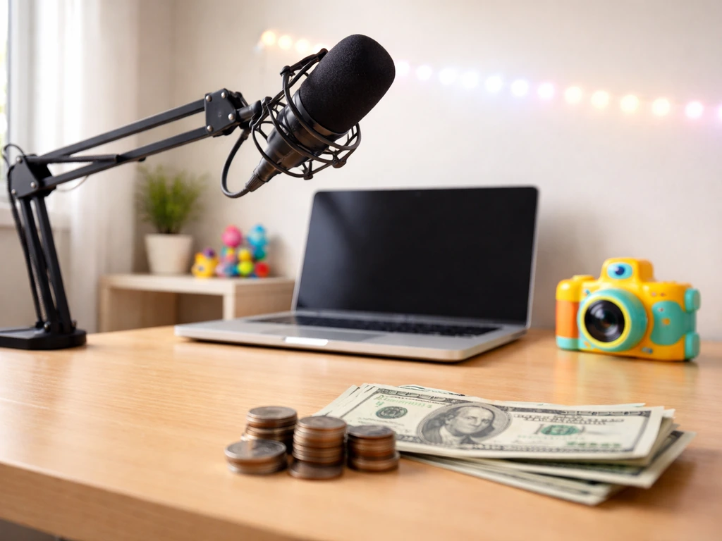 Minimal recording studio desk with a microphone and a small stack of coins symbolizing net worth.