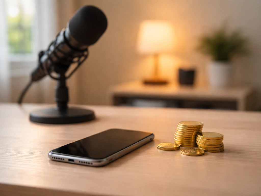 Minimal desk scene with a smartphone and gold coins symbolizing media monetization and estimated net worth