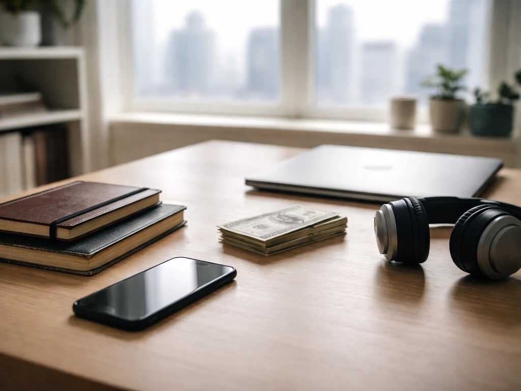 Minimal desk scene with laptop, smartphone, cash, and notebooks suggesting comparing earnings sources.
