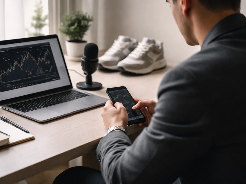Anonymous entrepreneur at a desk with a smartphone and sneaker-themed media vibe, symbolizing net worth research