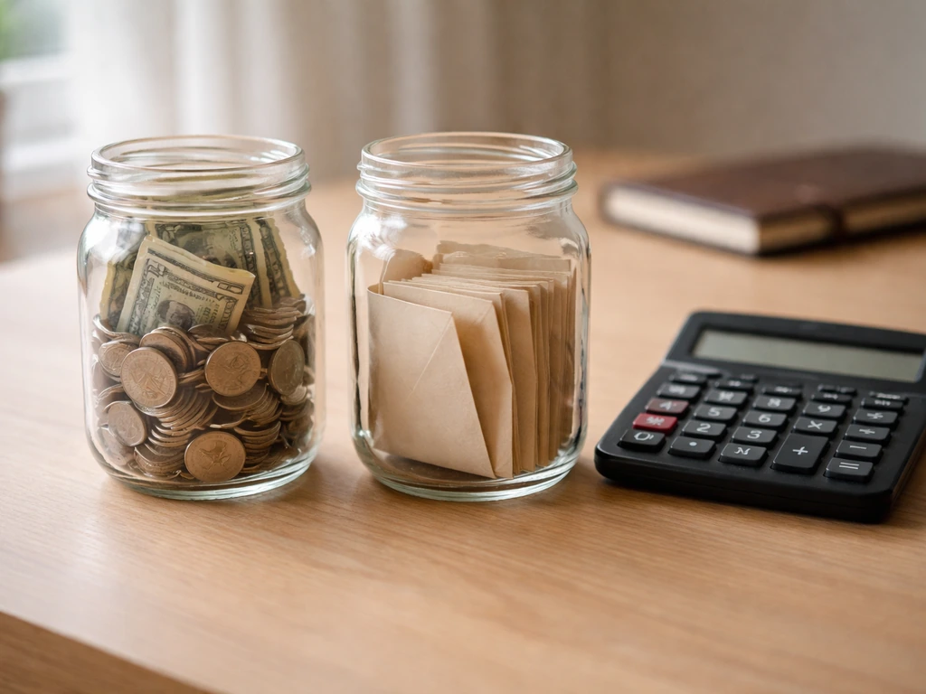 Two jars of coins and envelopes beside a calculator on a simple desk.
