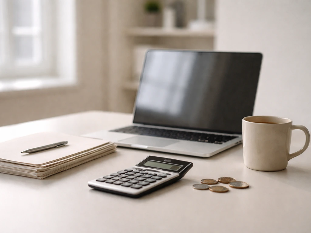 Minimal finance desk scene with laptop, calculator, documents, and coins suggesting valuation analysis