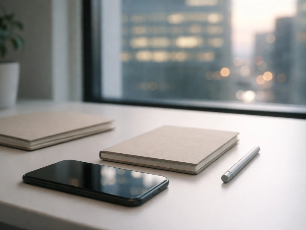 Minimal office desk with smartphone and notebook, city light through window suggesting shifting estimates.