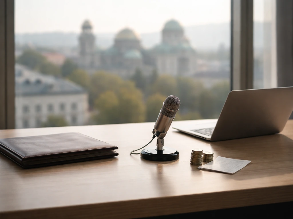 Minimal photo of an empty executive desk with a laptop, Bulgarian skyline view, and a small stack of coins