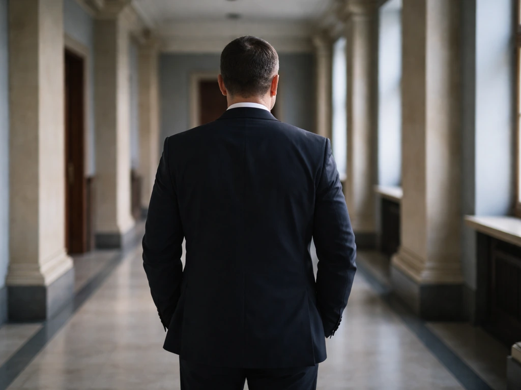 Kiril Petkov in a Bulgarian government setting, standing in a quiet hallway with soft daylight.