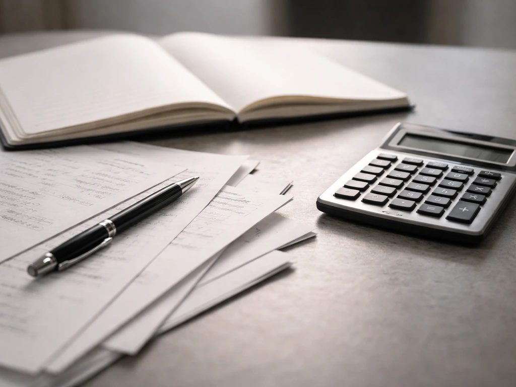 Close-up of a notebook and papers with business valuation notes and a calculator on a desk
