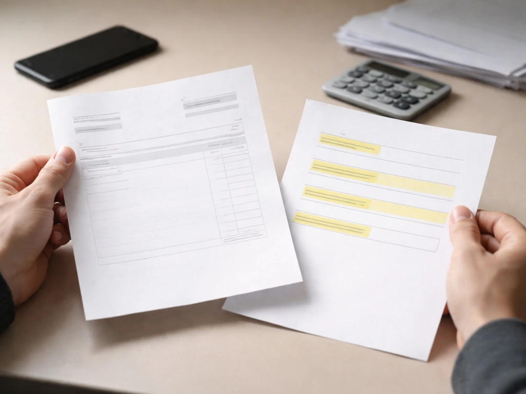 Anonymous hands compare two blank documents on a desk, one with highlighted verification fields.