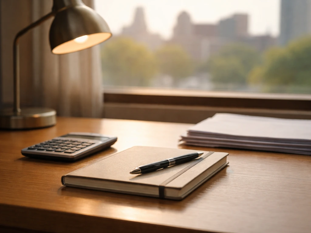 Minimal office scene symbolizing academic wealth interest: calculator, notebook, and blurred city view