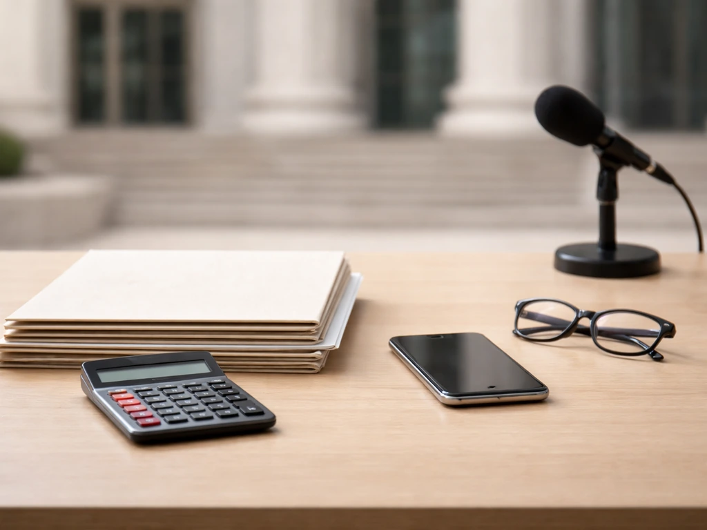 Minimal photo of an anonymous desk with documents, a calculator, and a smartphone beside a glass of water