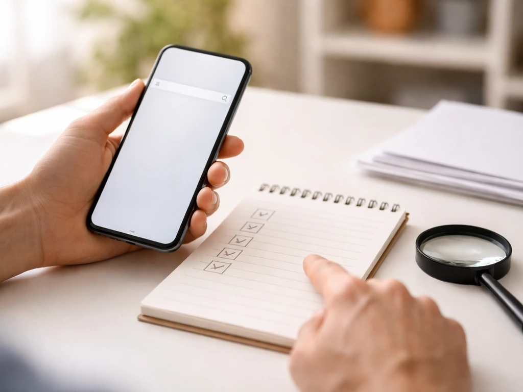 Close-up of hands organizing a checklist and phone search, suggesting due diligence steps