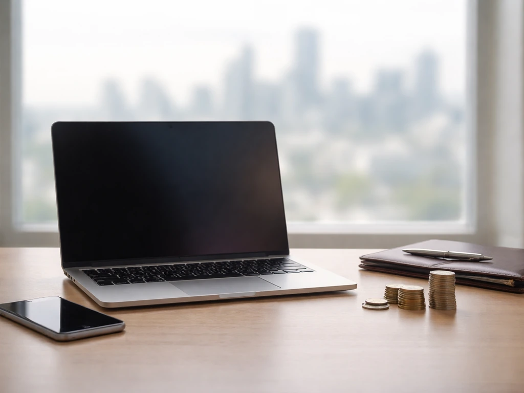 Minimal desk scene with laptop, smartphone, and coins symbolizing wealth estimation and verification