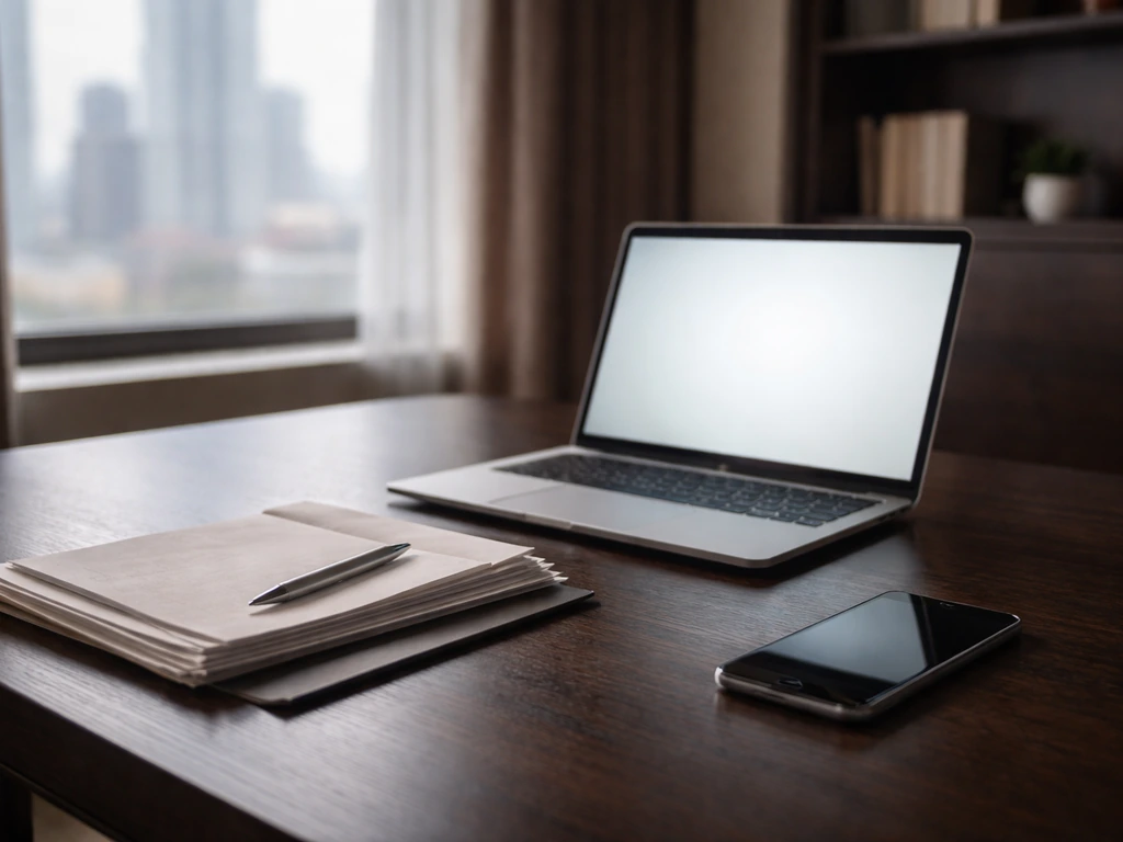 Minimal luxury office desk with laptop and documents, symbolizing investment and tracked wealth analysis.