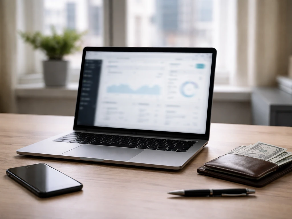 Minimal photo of a businessman’s desk with an open laptop, a credit card, and cash-like props suggesting wealth analysis