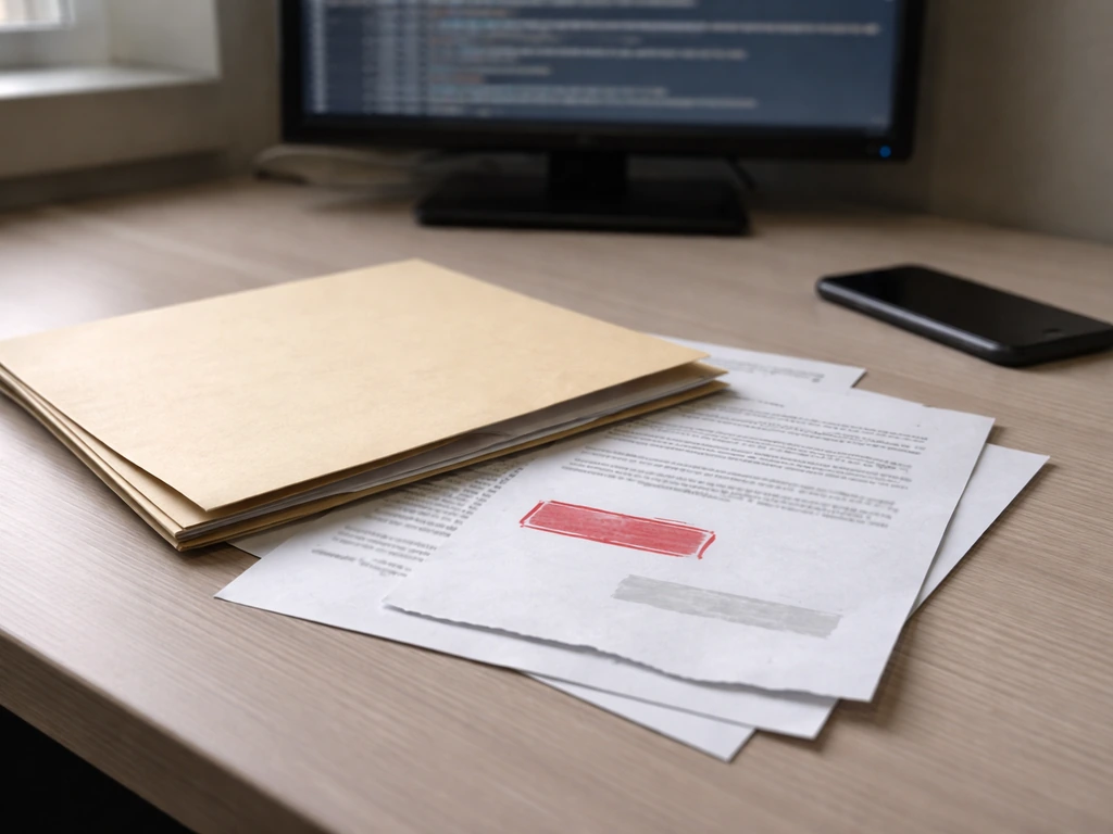 Unopened documents and a blurred computer screen with scattered business papers suggesting missing records.