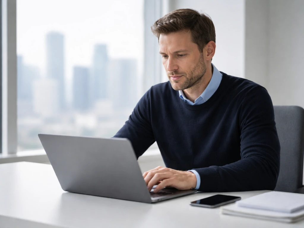 Anonymous man working at a laptop in a minimal modern office, hinting at fintech leadership