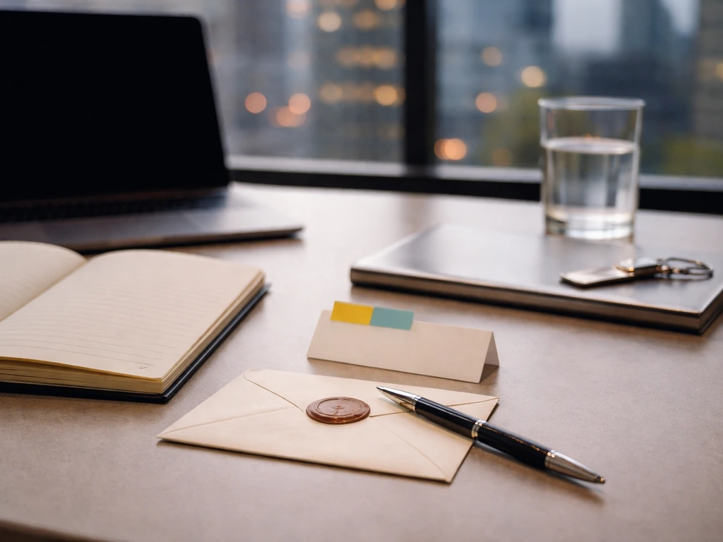 Minimal desk photo symbolizing private illiquid equity valuation with an envelope, pen, and laptop.