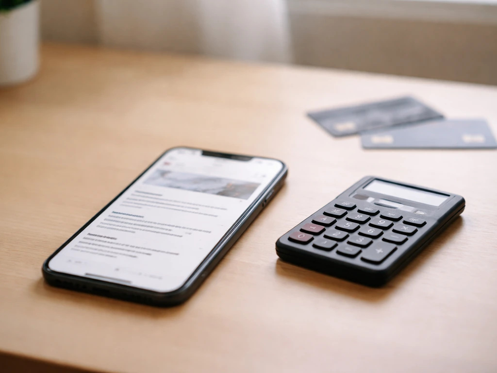 Close-up of a smartphone showing blurred finance headlines on a desk with a calculator and credit cards