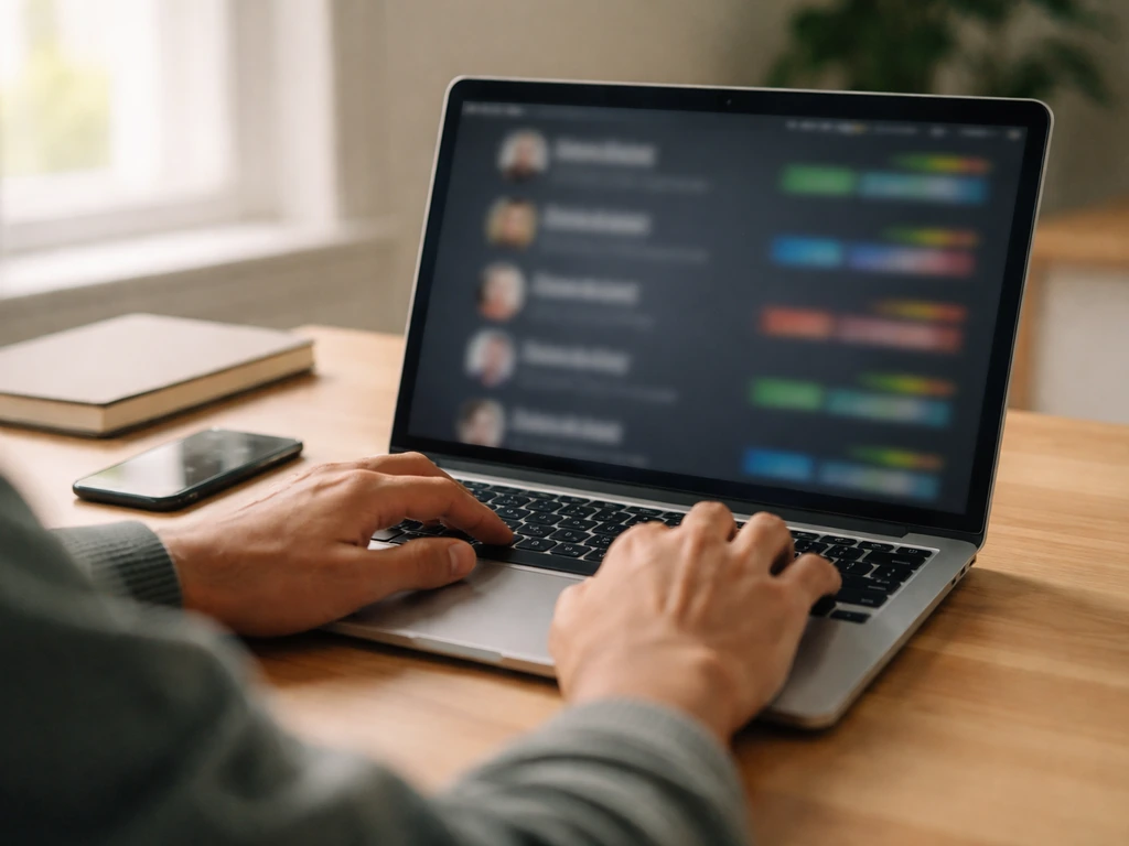 Person checking a laptop with a blurred finance dashboard vibe and updated news alerts at the desk