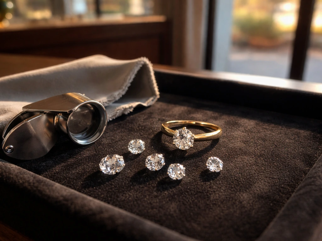 Luxury diamonds and a gold ring on a jeweler’s tray with a loupe in soft natural light.