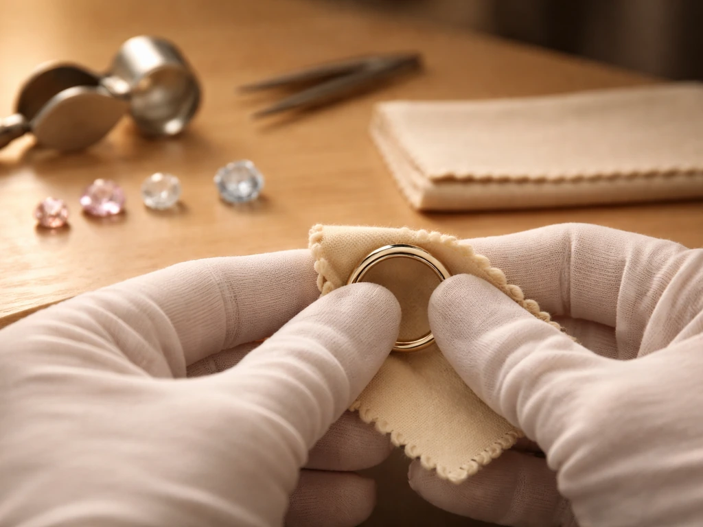 Close-up of gloved jeweler hands polishing a gold ring beside softly lit gemstones on a workbench