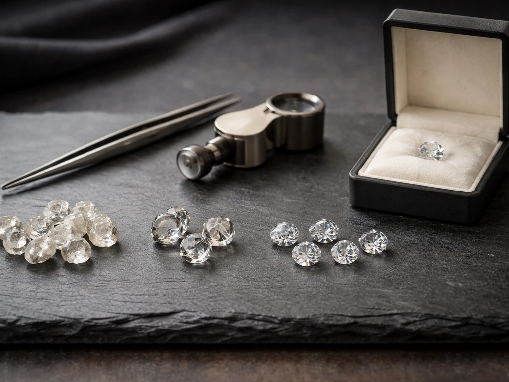 Minimal photo of rough diamonds gradually laid out to polished stones beside a simple jewelry case