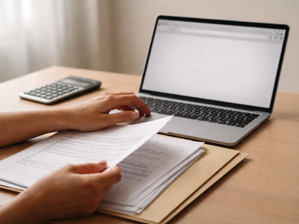 Close-up of hands checking business documents on a laptop, suggesting verification of company records.