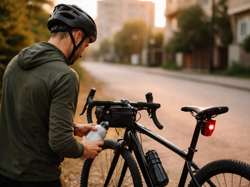 Anonymous cyclist beside a road bike outdoors at golden hour, city buildings softly blurred behind.