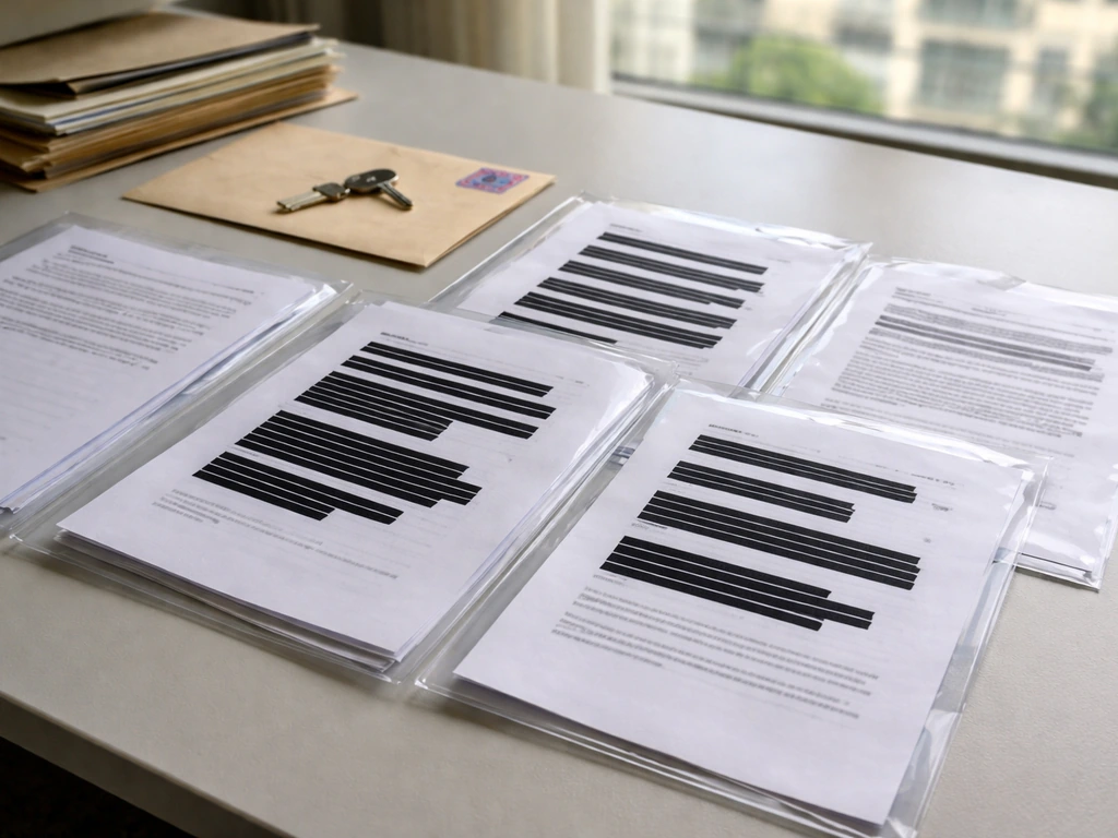 Redacted document pages and property/corporate filing items laid out on a desk under natural light.