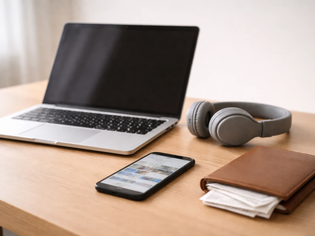 Minimal office desk with laptop, blurred finance phone screen, headphones, and receipts suggesting income and media comp