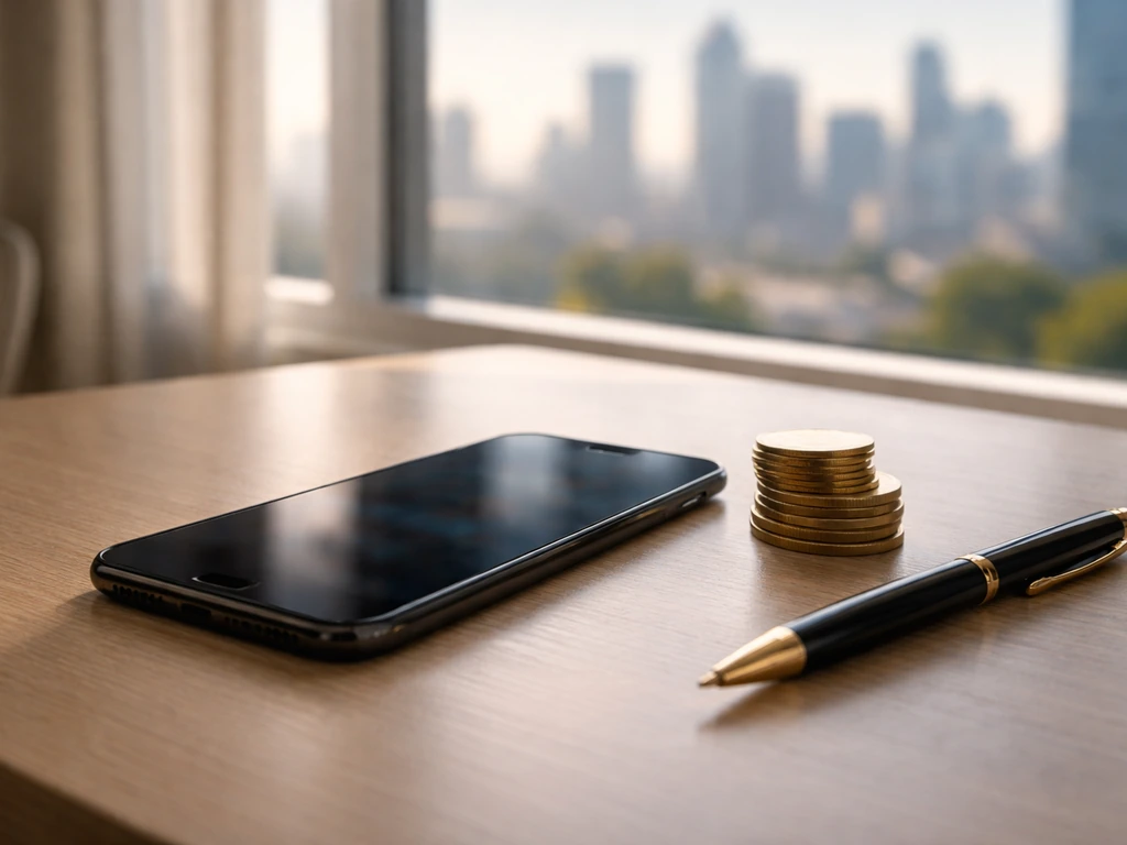 Minimal desk scene with a smartphone, coin stack, and blurred city lights symbolizing a YouTube creator’s net worth.