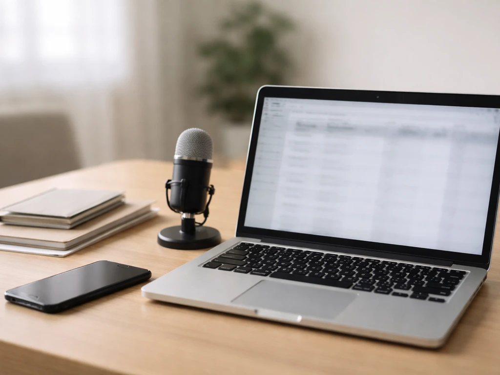 Minimal desk with laptop, microphone, phone, and generic paperwork suggesting creator net-worth data inputs.