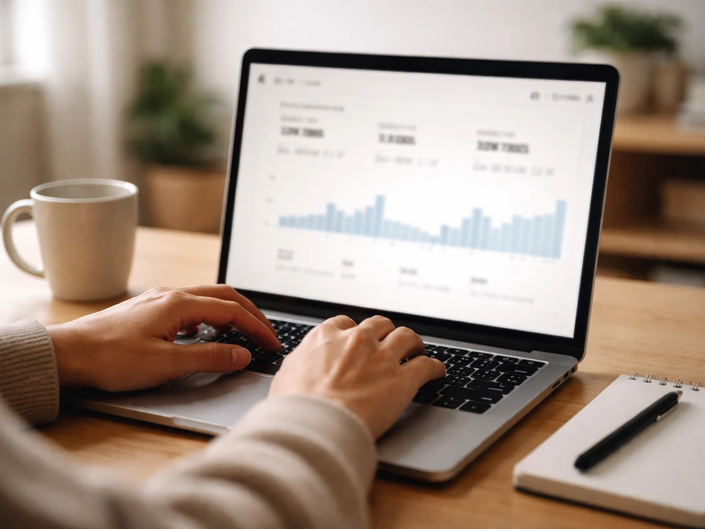 An anonymous laptop on a desk showing blurred YouTube analytics-style charts for income research