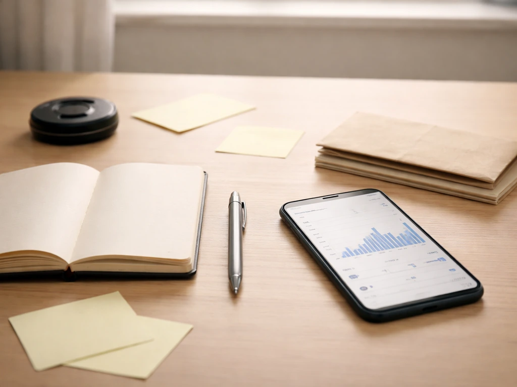 Minimal desk scene with smartphone, notebook, and camera lens next to cash envelopes symbolizing media estimate checks.