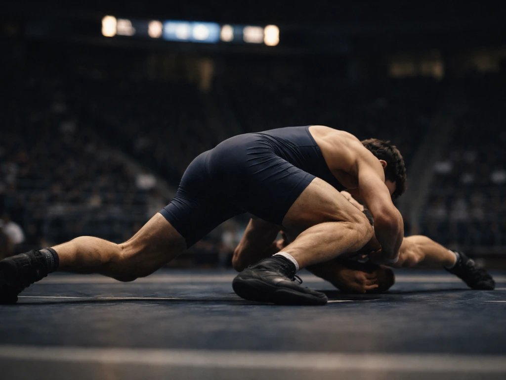 Wrestling match in an empty arena with dramatic lighting and a blurred scoreboard in the background