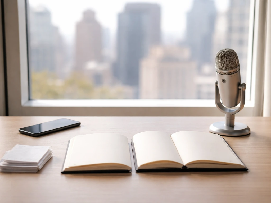 Minimal office desk with two open blank notebooks and a microphone near a window, symbolizing wealth growth phases