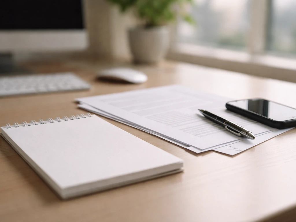 Close-up of a minimalist desk setup with documents, a smartphone, and a pen suggesting independent online record checks.