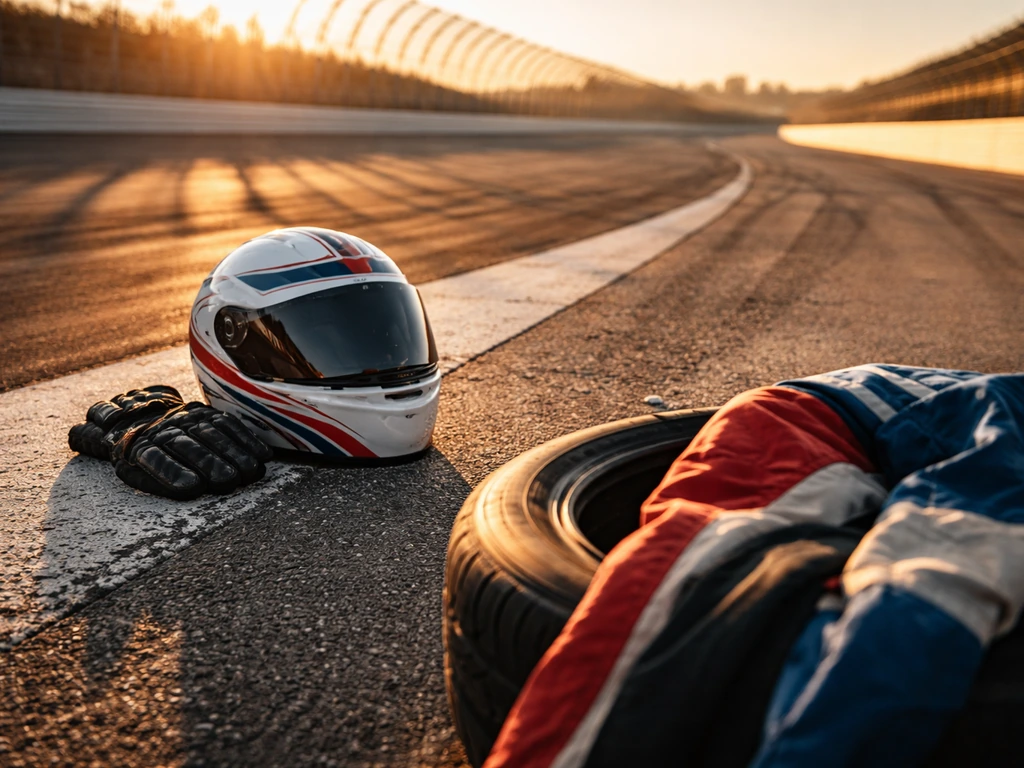 Racing helmet and gloves beside a speedway track at golden hour, symbolizing a high-stakes rider career.