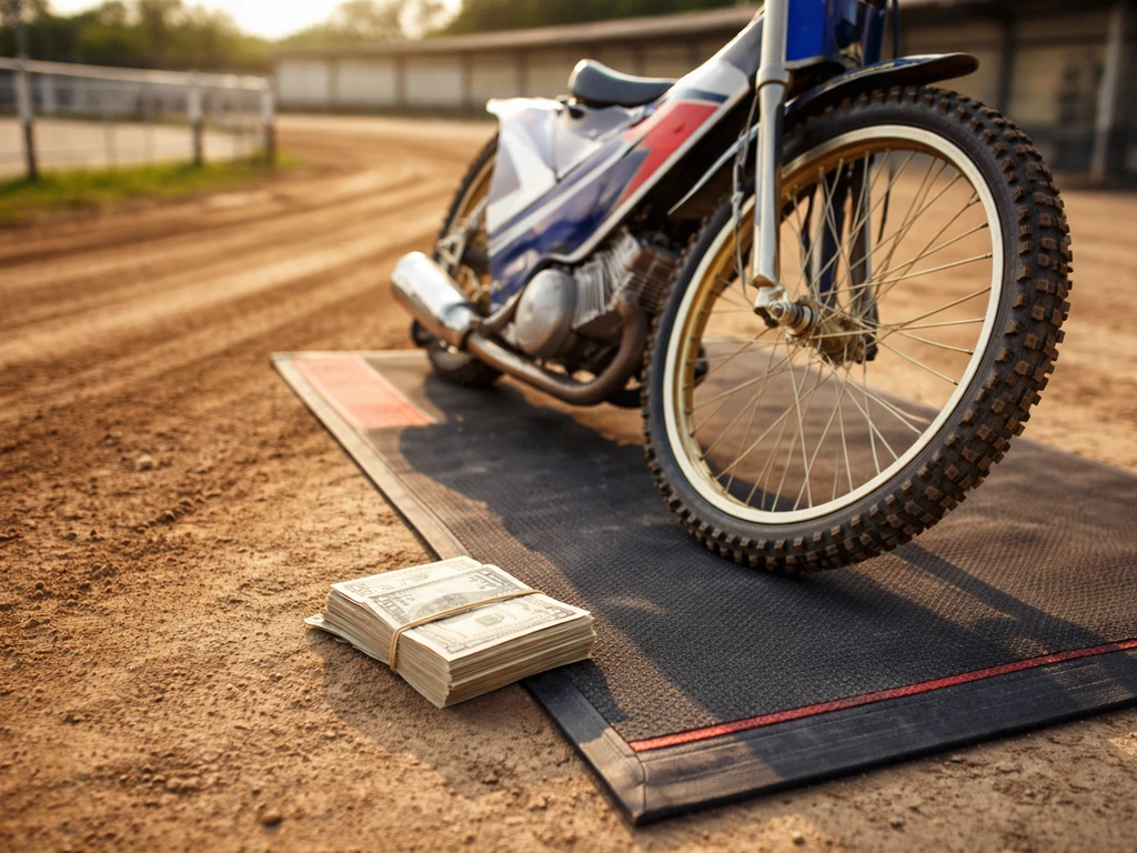 Close-up of a speedway bike on a dirt track with a cash bundle tucked beside it, no people visible.