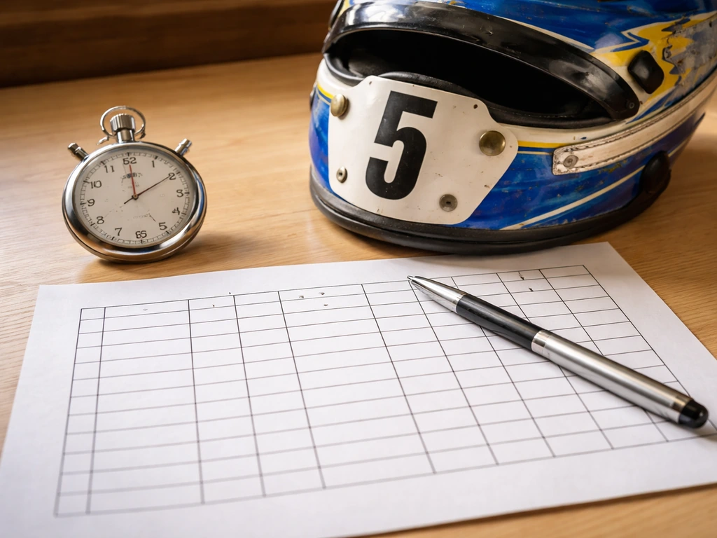 Close-up of a speedway helmet number plate, stopwatch, and blank prize-payout table on a wooden desk.