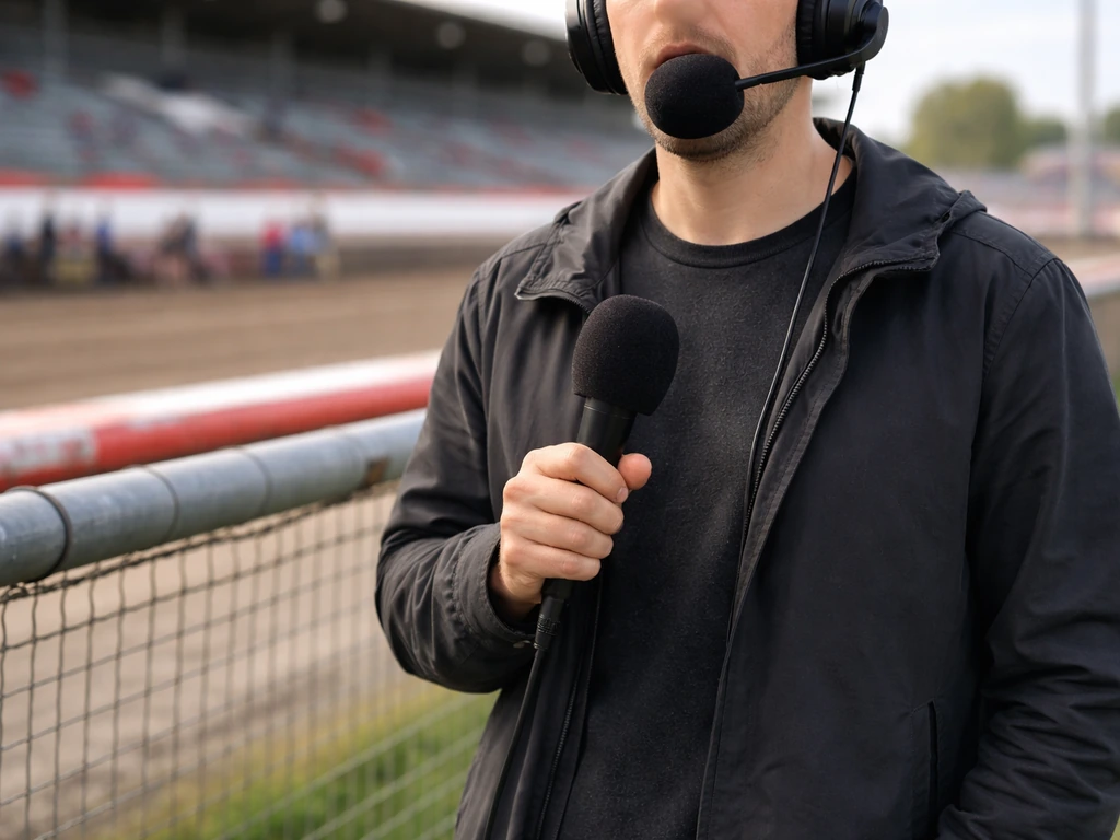 Trackside broadcaster in a headset holding a microphone at a speedway pit lane in daylight.