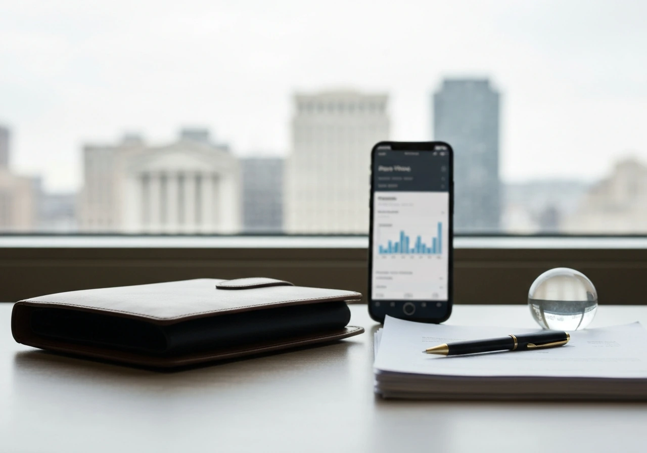 Anonymous desk with portfolio, blank documents, and a blurred phone finance view, symbolizing asset analysis