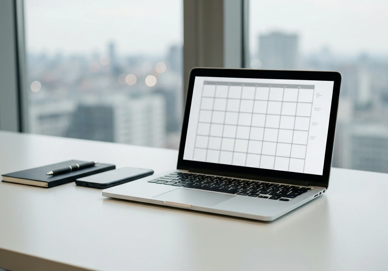 Minimal office desk with laptop and phone, blurred screen suggesting profile comparison without readable text.