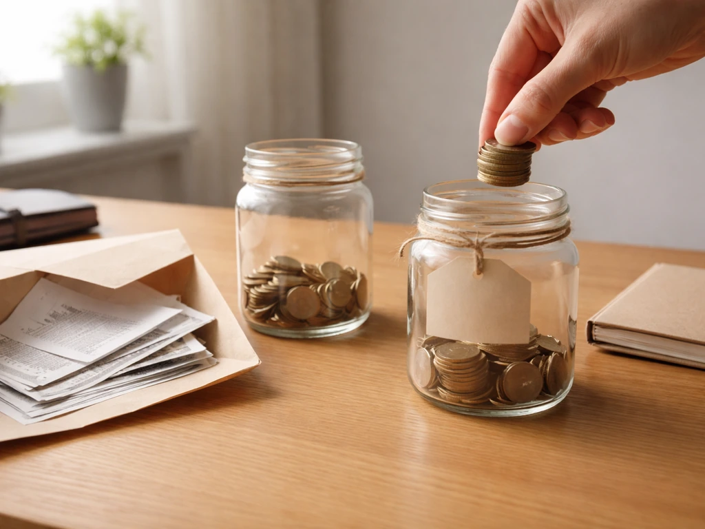 Hand moves coins into a jar beside bills and receipts on a plain office desk.
