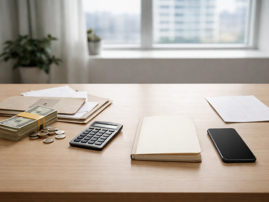 Minimal office scene with a notebook of blank pages and cash-like props symbolizing a supported net worth range