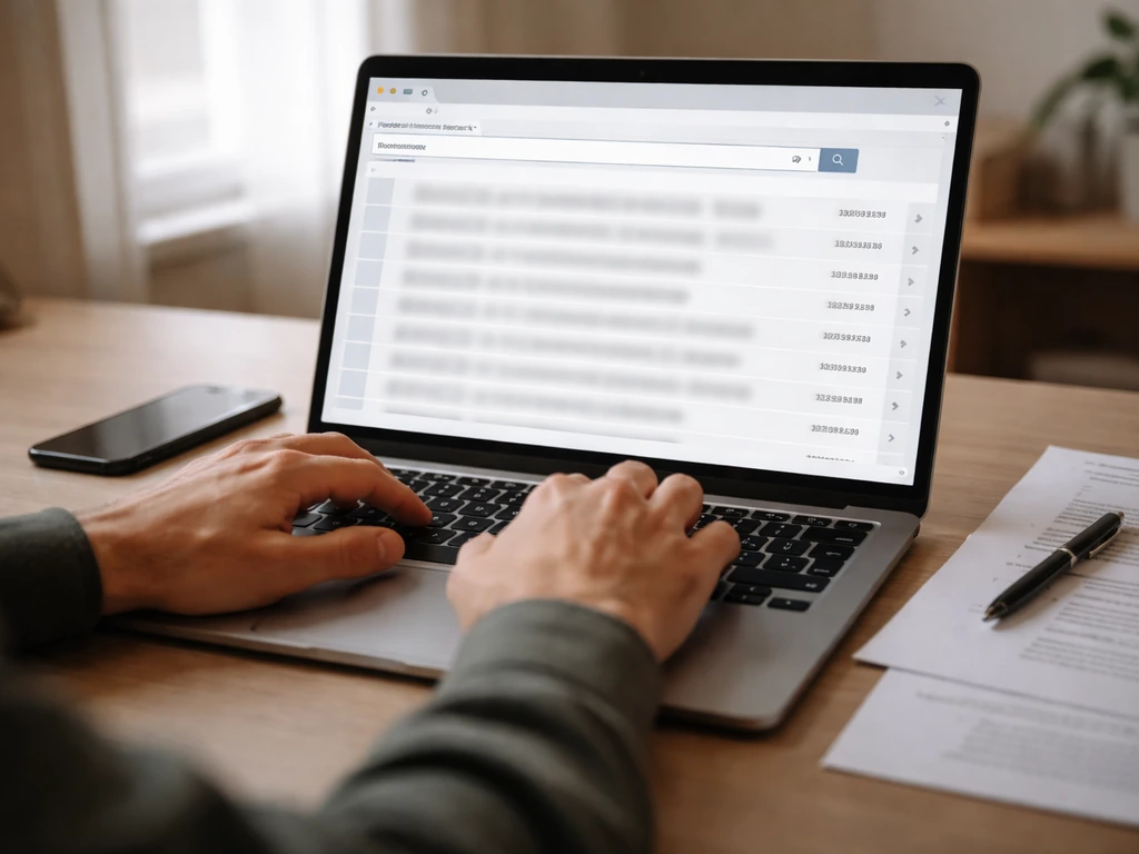 Hands typing on a laptop showing a blurred court records search and documents list.