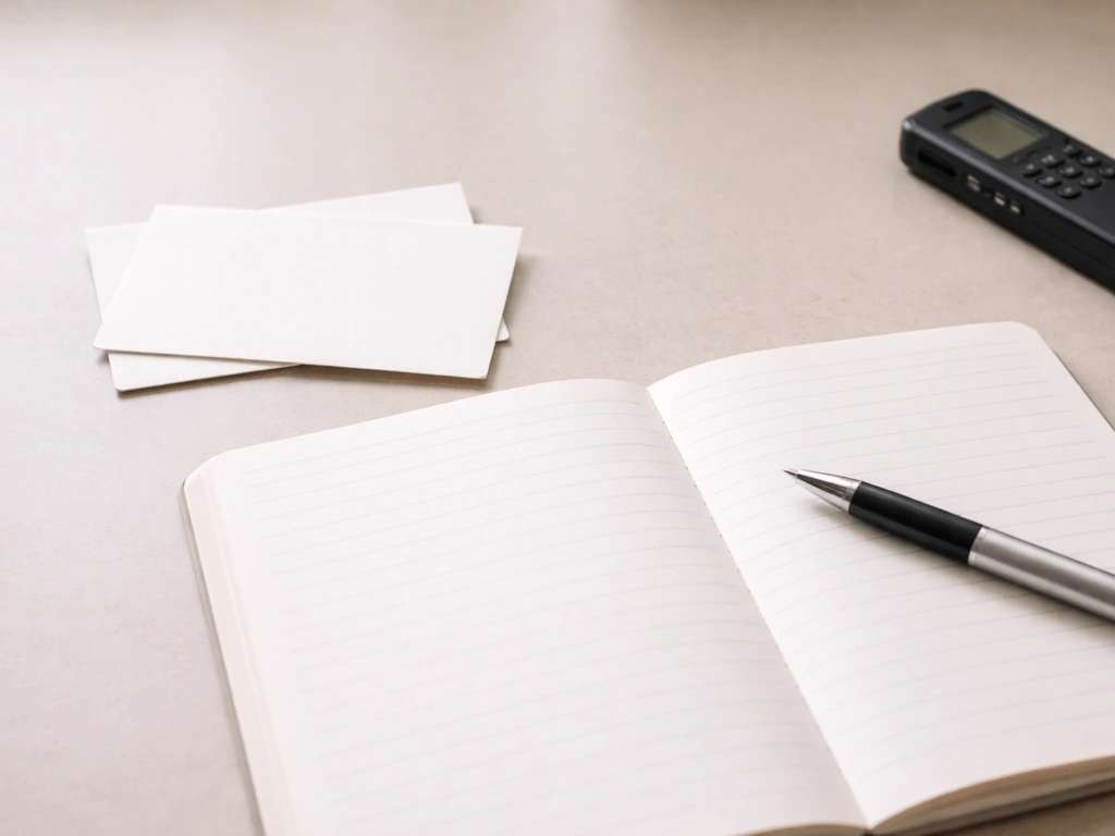 Open notebook and blank index cards on a desk, symbolizing two choices in a net-worth search